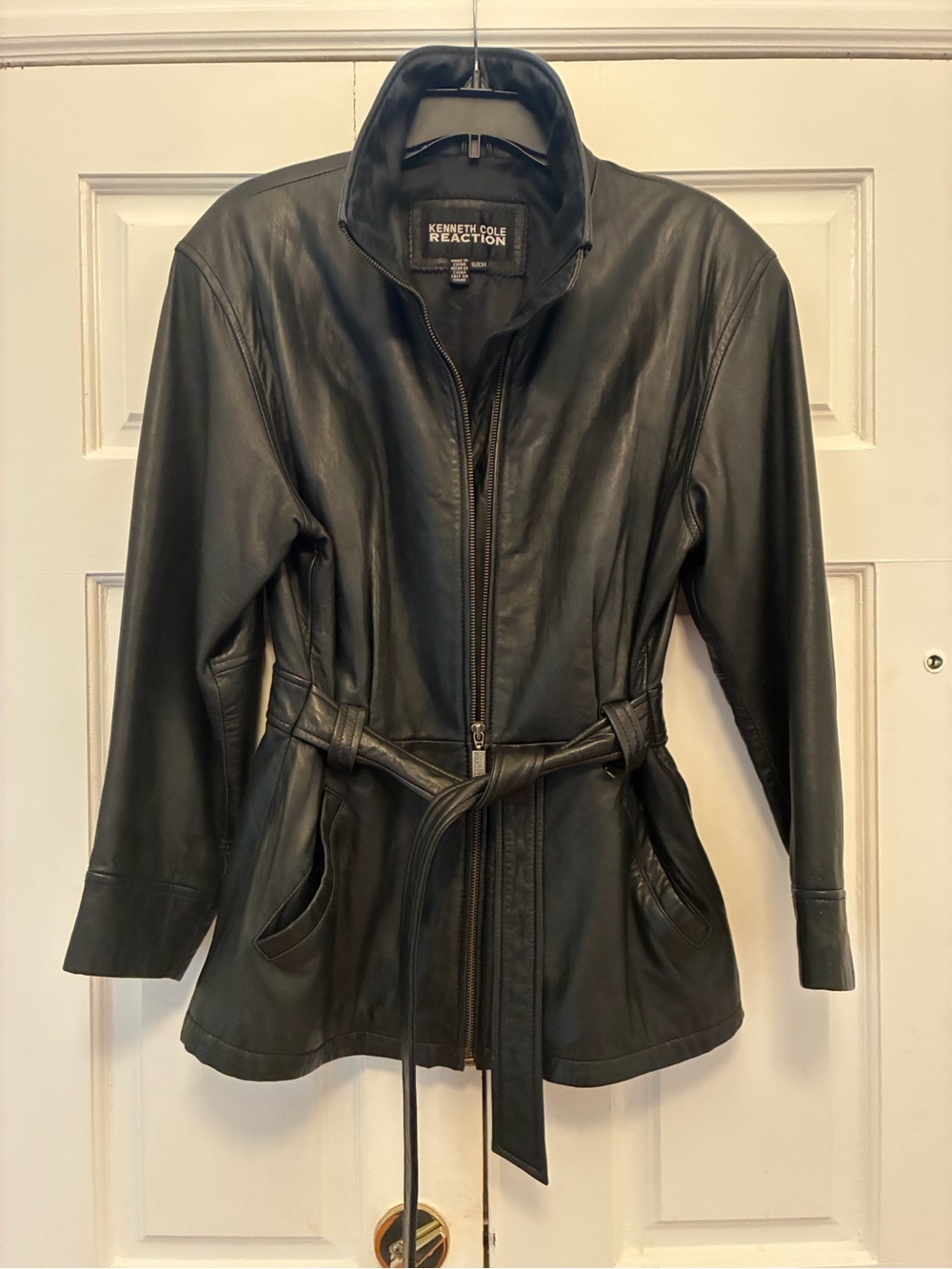 Kenneth Cole Reaction Black 100% Genuine Leather Zip Jacket with Waist Tie